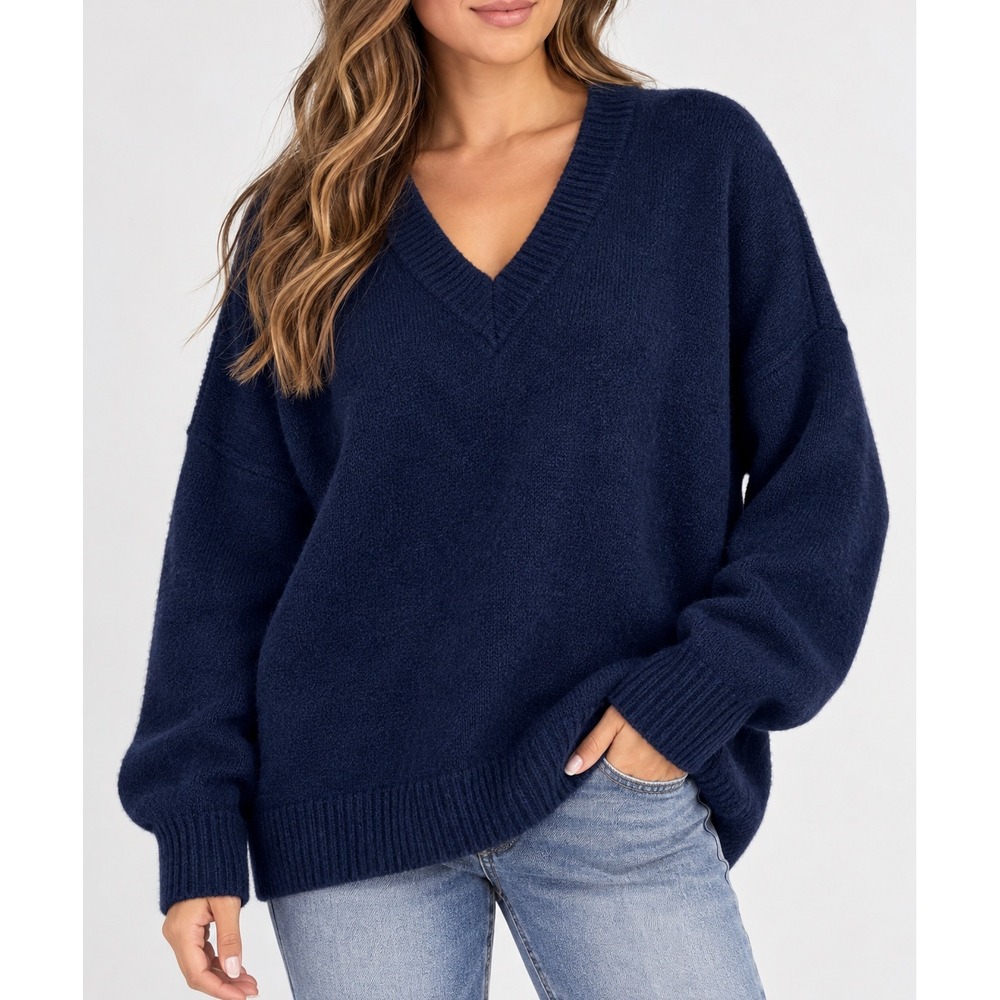 Abercrombie & Fitch Navy Blue Cozy Oversized by V-Neck Knit Sweater XL